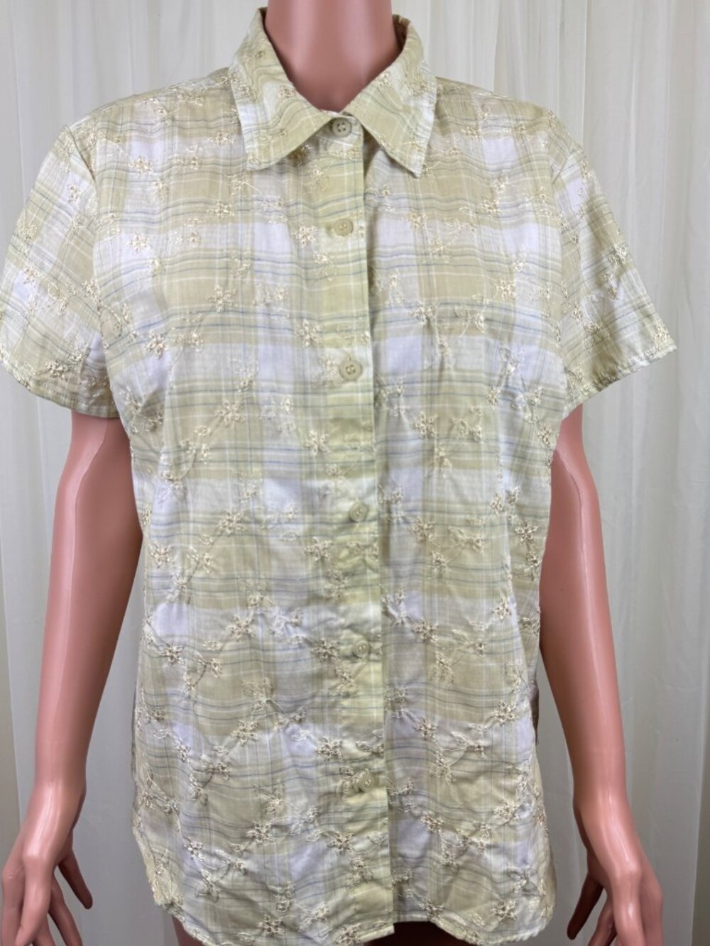 Vtg Lemon Grass Studio Floral Embroidery Plaid Button Up Blouse Top XL Yellow